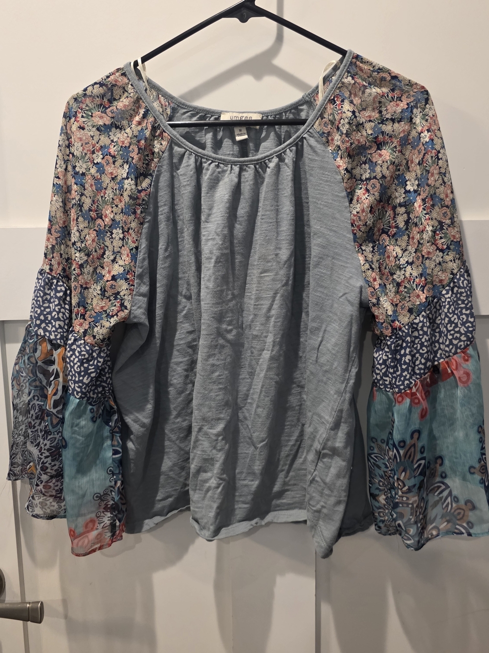 Umgee Dusty Blue Mixed-Print Raglan Sleeve Tunic